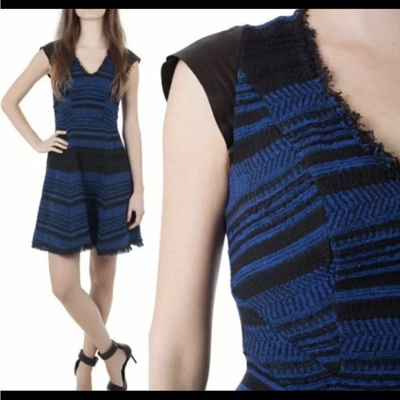 Rebecca Taylor Black &‎ Blue Tweed Striped Fringe Fit & Flare Cocktail Dress - Picture 2 of 10